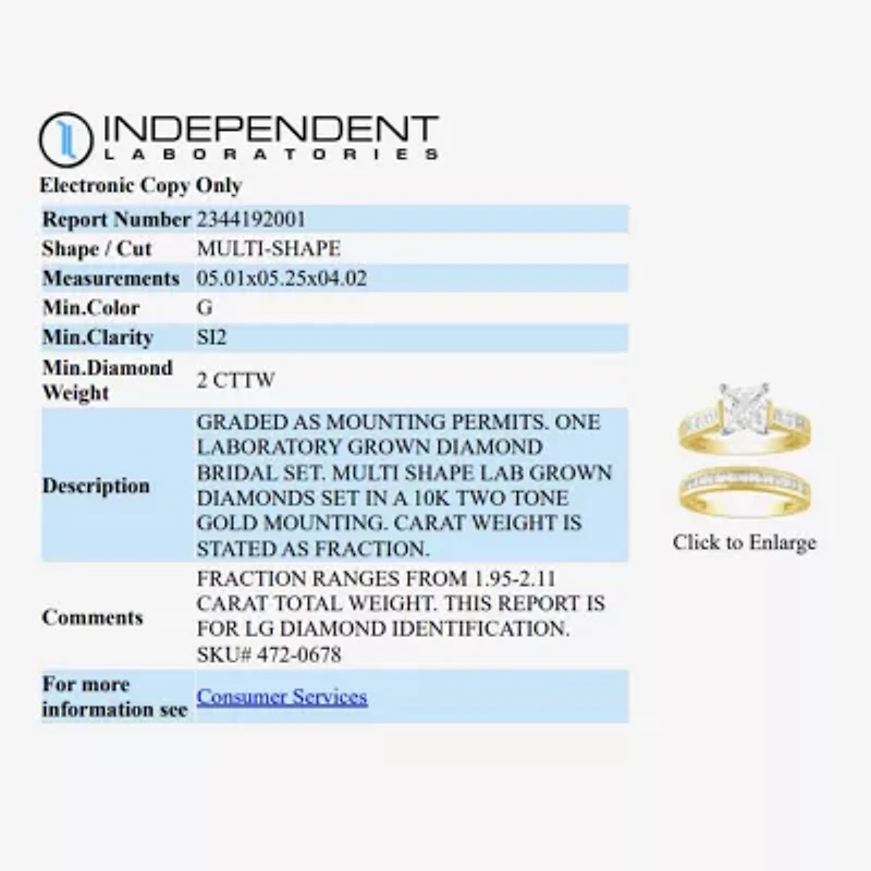 (G / Si2) Womens 2 CT. T.W. Lab Grown White Diamond 10K Two Tone Gold Side Stone Bridal Set