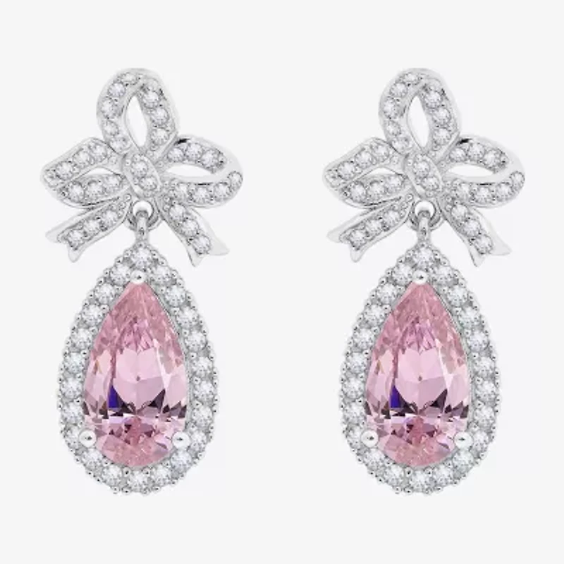 Diamonart Marilyn Monroe Womens Pink Cubic Zirconia Sterling Silver Bow Pear Round Drop Earrings
