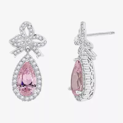 Diamonart Marilyn Monroe Womens Pink Cubic Zirconia Sterling Silver Bow Pear Round Drop Earrings