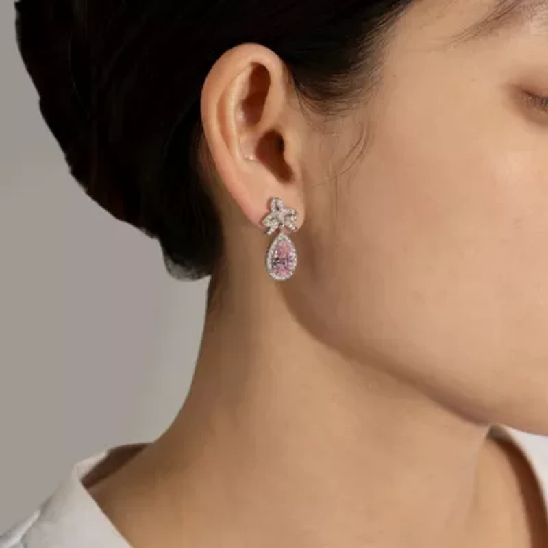 Diamonart Marilyn Monroe Womens Pink Cubic Zirconia Sterling Silver Bow Pear Round Drop Earrings