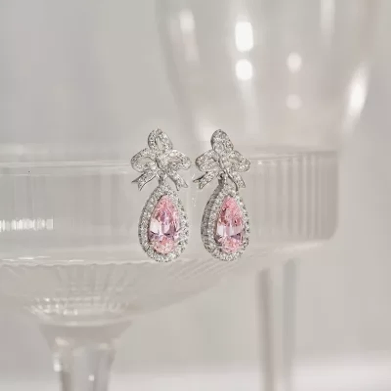 Diamonart Marilyn Monroe Womens Pink Cubic Zirconia Sterling Silver Bow Pear Round Drop Earrings