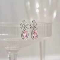 Diamonart Marilyn Monroe Womens Pink Cubic Zirconia Sterling Silver Bow Pear Round Drop Earrings