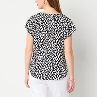 Liz Claiborne Womens Split Tie Neck Short Sleeve Blouse