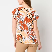 Liz Claiborne Womens Split Tie Neck Short Sleeve Blouse