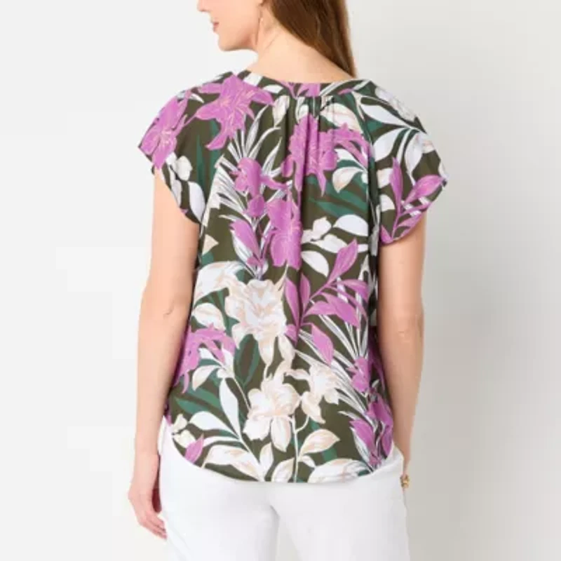 Liz Claiborne Womens Split Tie Neck Short Sleeve Blouse