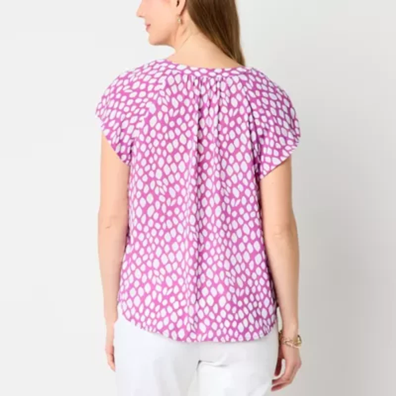 Liz Claiborne Womens Split Tie Neck Short Sleeve Blouse