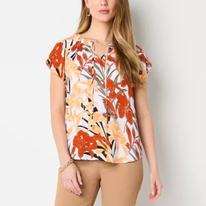 Liz Claiborne Womens Split Tie Neck Short Sleeve Blouse