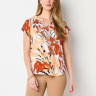 Liz Claiborne Womens Split Tie Neck Short Sleeve Blouse