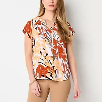 Liz Claiborne Womens Split Tie Neck Short Sleeve Blouse