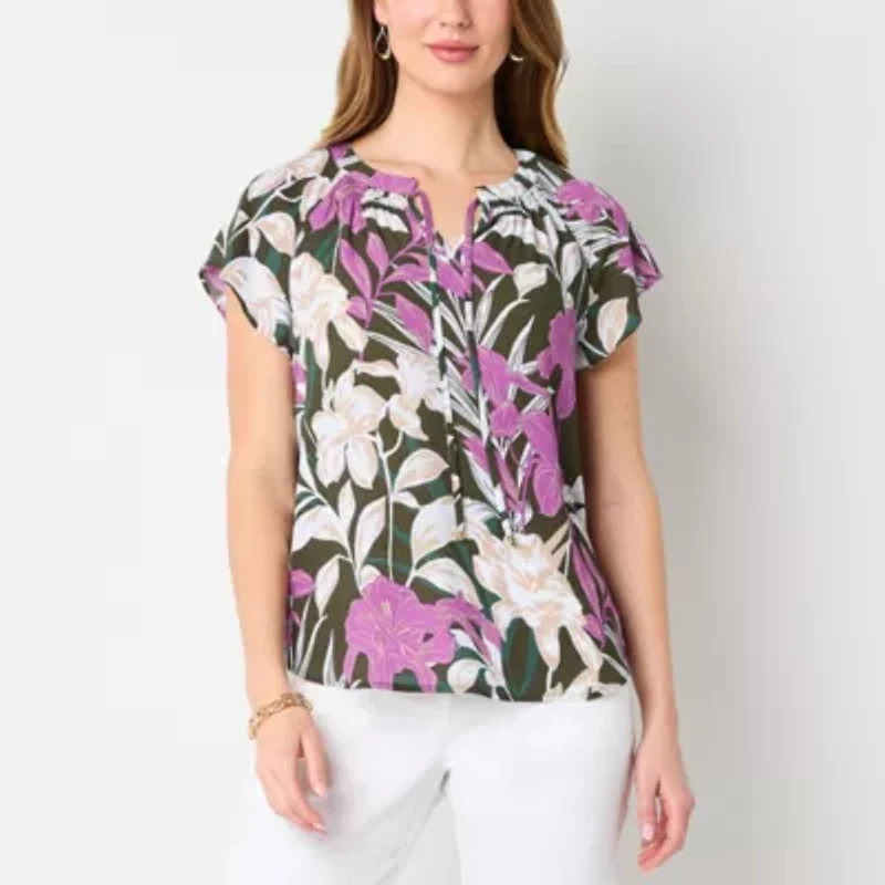 Liz Claiborne Womens Split Tie Neck Short Sleeve Blouse