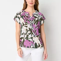 Liz Claiborne Womens Split Tie Neck Short Sleeve Blouse