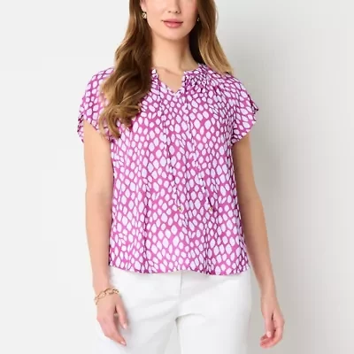 Liz Claiborne Womens Split Tie Neck Short Sleeve Blouse