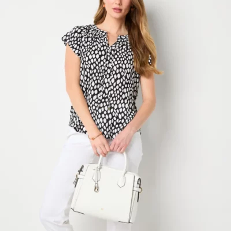 Liz Claiborne Womens Split Tie Neck Short Sleeve Blouse