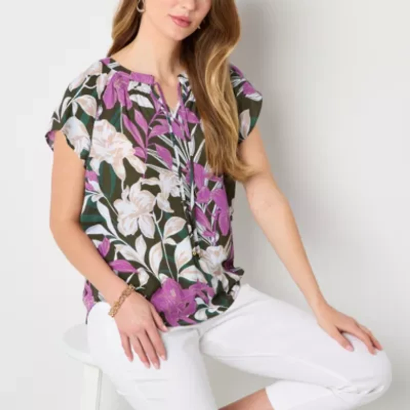 Liz Claiborne Womens Split Tie Neck Short Sleeve Blouse