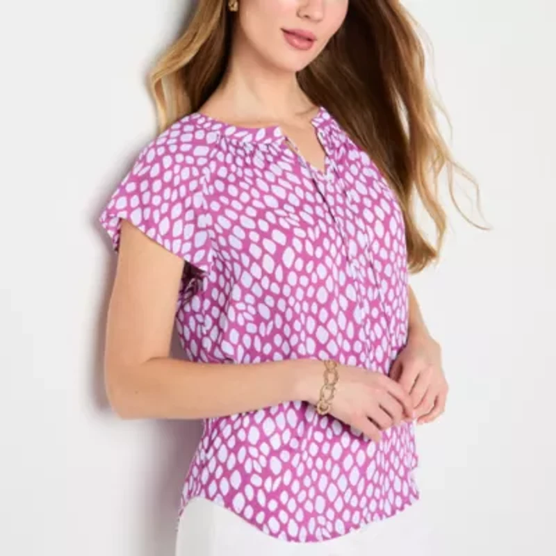 Liz Claiborne Womens Split Tie Neck Short Sleeve Blouse