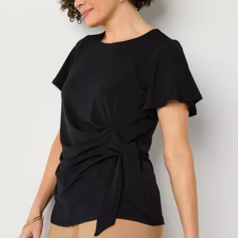 Liz Claiborne Womens Round Neck Short Sleeve Blouse