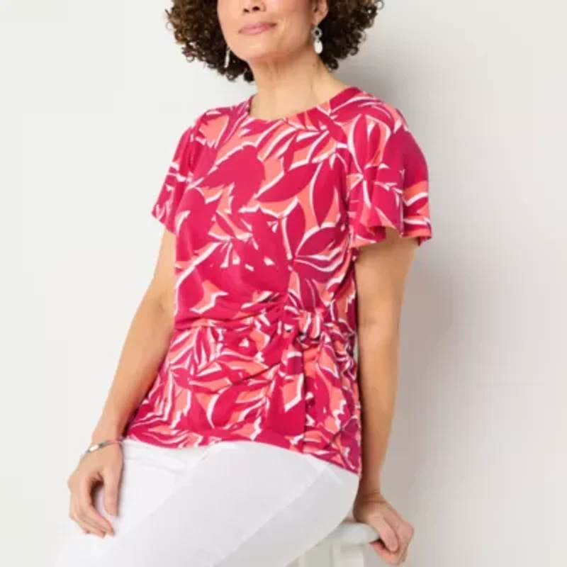Liz Claiborne Womens Round Neck Short Sleeve Blouse