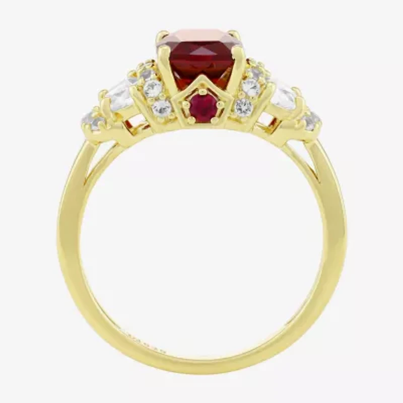 Womens Lab Created Red Ruby 14K Gold Over Silver Cushion Side Stone Cocktail Ring