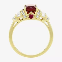 Womens Lab Created Red Ruby 14K Gold Over Silver Cushion Side Stone Cocktail Ring
