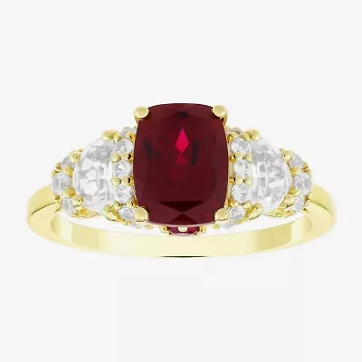 Womens Lab Created Red Ruby 14K Gold Over Silver Cushion Side Stone Cocktail Ring