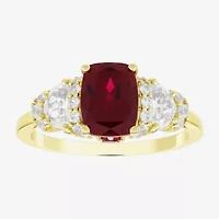 Womens Lab Created Red Ruby 14K Gold Over Silver Cushion Side Stone Cocktail Ring