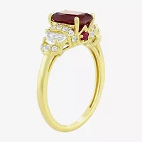 Womens Lab Created Red Ruby 14K Gold Over Silver Cushion Side Stone Cocktail Ring