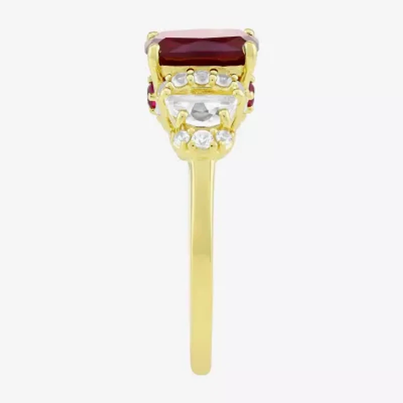 Womens Lab Created Red Ruby 14K Gold Over Silver Cushion Side Stone Cocktail Ring