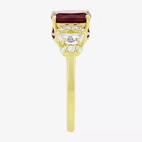 Womens Lab Created Red Ruby 14K Gold Over Silver Cushion Side Stone Cocktail Ring