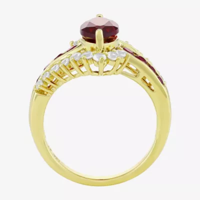 Womens Lab Created Red Ruby 14K Gold Over Silver Marquise Side Stone Cocktail Ring