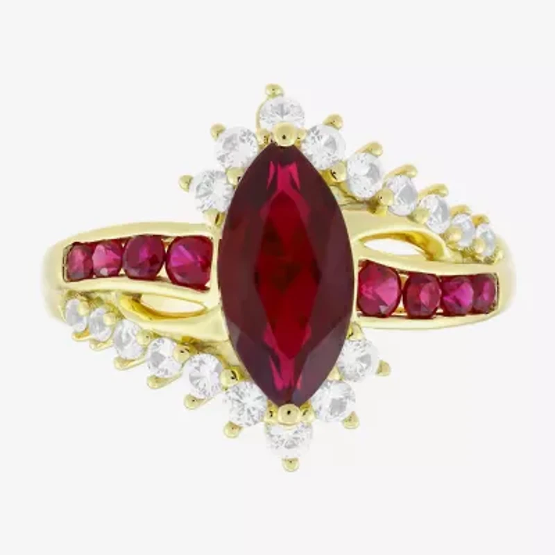 Womens Lab Created Red Ruby 14K Gold Over Silver Marquise Side Stone Cocktail Ring