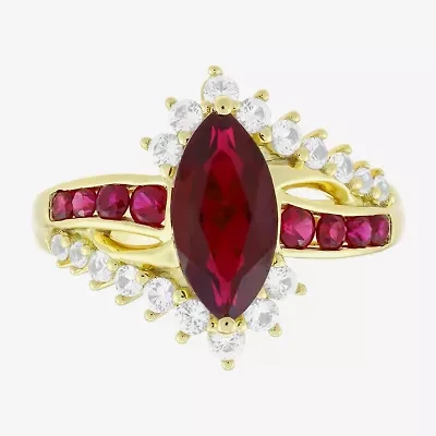 Womens Lab Created Red Ruby 14K Gold Over Silver Marquise Side Stone Cocktail Ring
