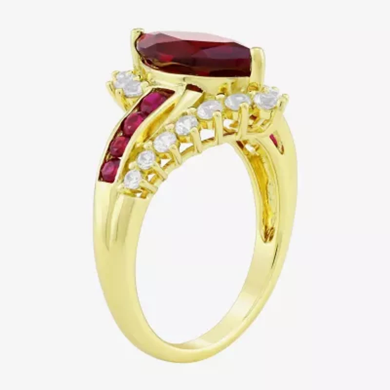 Womens Lab Created Red Ruby 14K Gold Over Silver Marquise Side Stone Cocktail Ring