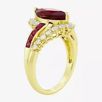 Womens Lab Created Red Ruby 14K Gold Over Silver Marquise Side Stone Cocktail Ring