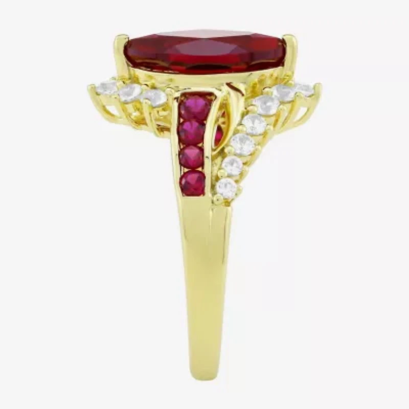 Womens Lab Created Red Ruby 14K Gold Over Silver Marquise Side Stone Cocktail Ring