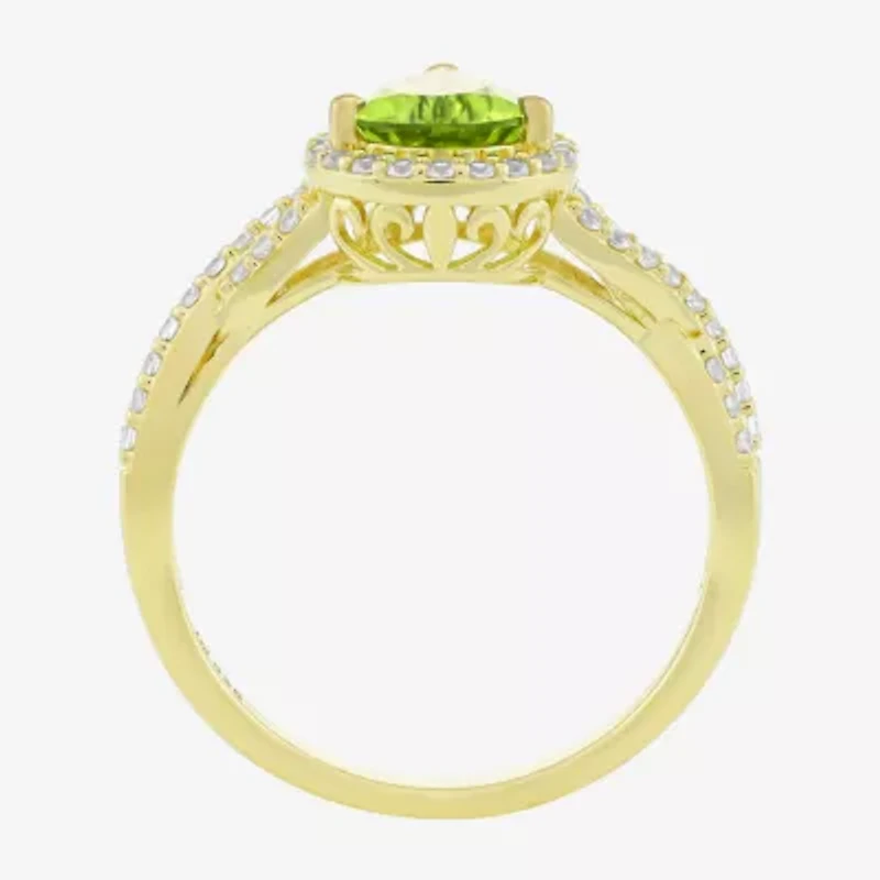 Womens Genuine Green Peridot 14K Gold Over Silver Pear Halo Side Stone Cocktail Ring