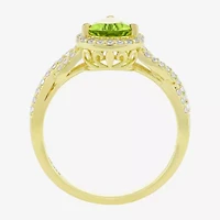 Womens Genuine Green Peridot 14K Gold Over Silver Pear Halo Side Stone Cocktail Ring