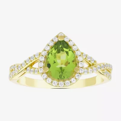 Womens Genuine Green Peridot 14K Gold Over Silver Pear Halo Side Stone Cocktail Ring