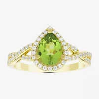 Womens Genuine Green Peridot 14K Gold Over Silver Pear Halo Side Stone Cocktail Ring