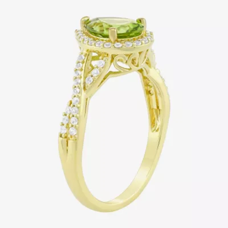 Womens Genuine Green Peridot 14K Gold Over Silver Pear Halo Side Stone Cocktail Ring