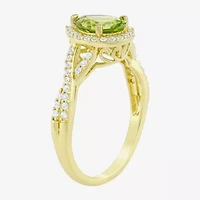 Womens Genuine Green Peridot 14K Gold Over Silver Pear Halo Side Stone Cocktail Ring