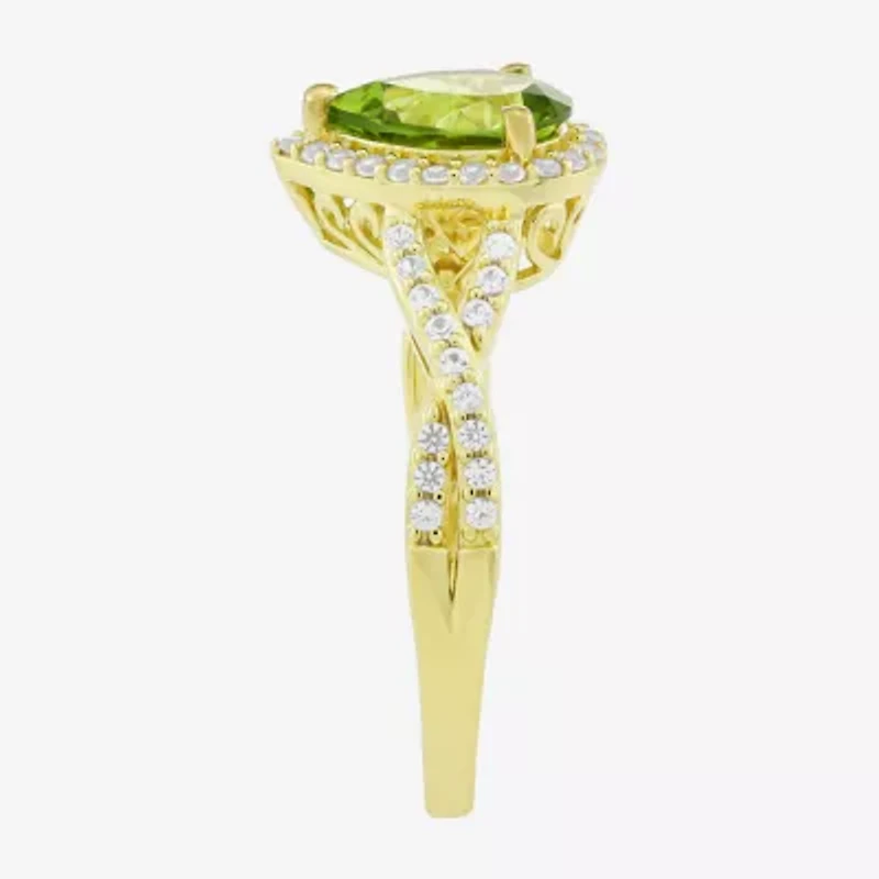 Womens Genuine Green Peridot 14K Gold Over Silver Pear Halo Side Stone Cocktail Ring