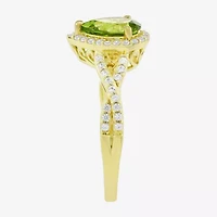 Womens Genuine Green Peridot 14K Gold Over Silver Pear Halo Side Stone Cocktail Ring