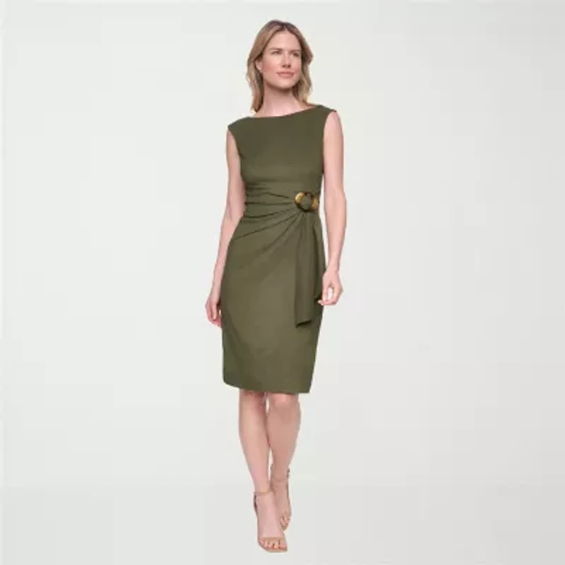 Jessica Howard Womens Midi Boat Neck Sleeveless Sheath Dress