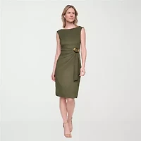 Jessica Howard Womens Midi Boat Neck Sleeveless Sheath Dress
