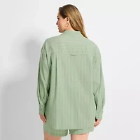 Ashley Graham Womens Plus Regular Fit Button-Down Shirt