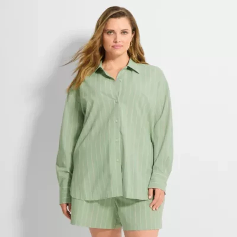 Ashley Graham Womens Plus Regular Fit Button-Down Shirt
