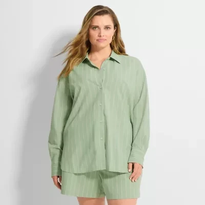 Ashley Graham Womens Plus Regular Fit Button-Down Shirt
