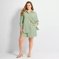 Ashley Graham Womens Plus Regular Fit Button-Down Shirt