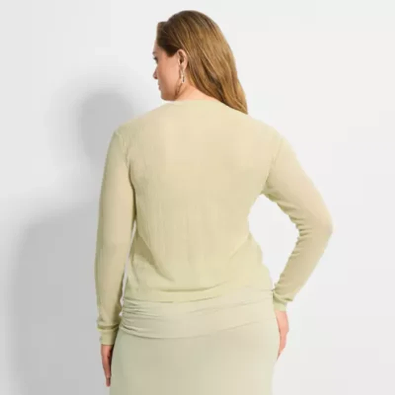 Ashley Graham Womens Crew Neck Long Sleeve Button Open Front Plus Cardigan
