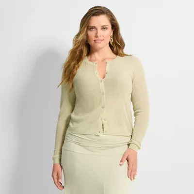 Ashley Graham Womens Crew Neck Long Sleeve Button Open Front Plus Cardigan